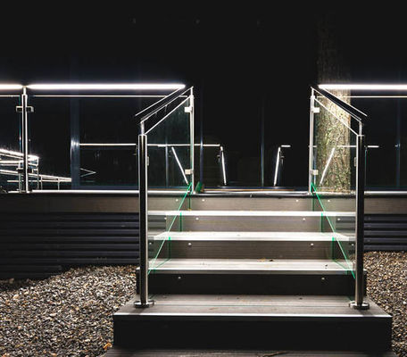 LED Light Design Laminated Glass Balustrade With Powder Coated Handrails