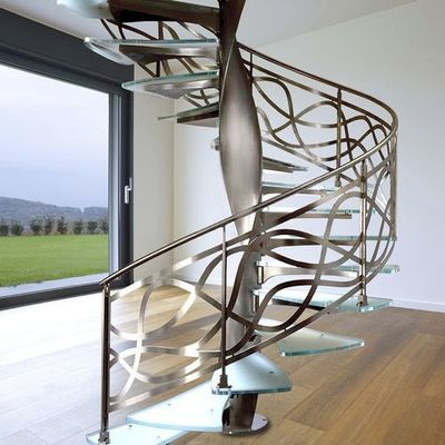 Tempered Glass Tread Prefabricated Spiral Staircase With Stainless Steel Railing