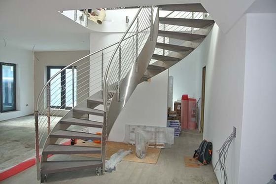 Indoor Modern Curved Staircase Curved Inox Rod Metal Stair Railing