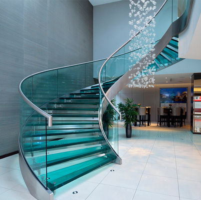 LED Tempered Glass Modern Curved Staircase Commercial Loft Spiral Type