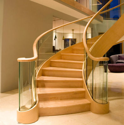 Wood Grain Coated Modern Curved Staircase Easy Install With Glass Railing