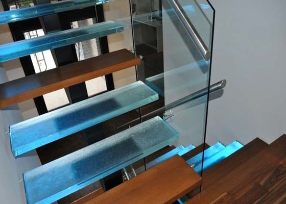 LED Light Tread Square Steel Beam Straight Stairs Glass Deck Railing Staircase