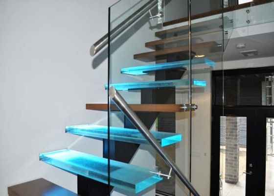 LED Light Tread Square Steel Beam Straight Stairs Glass Deck Railing Staircase